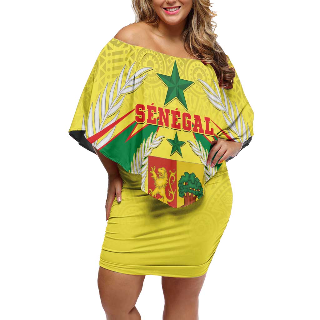 Personalised Senegal Off Shoulder Short Dress Coat Of Arms Mix African Pattern - Wonder Print Shop