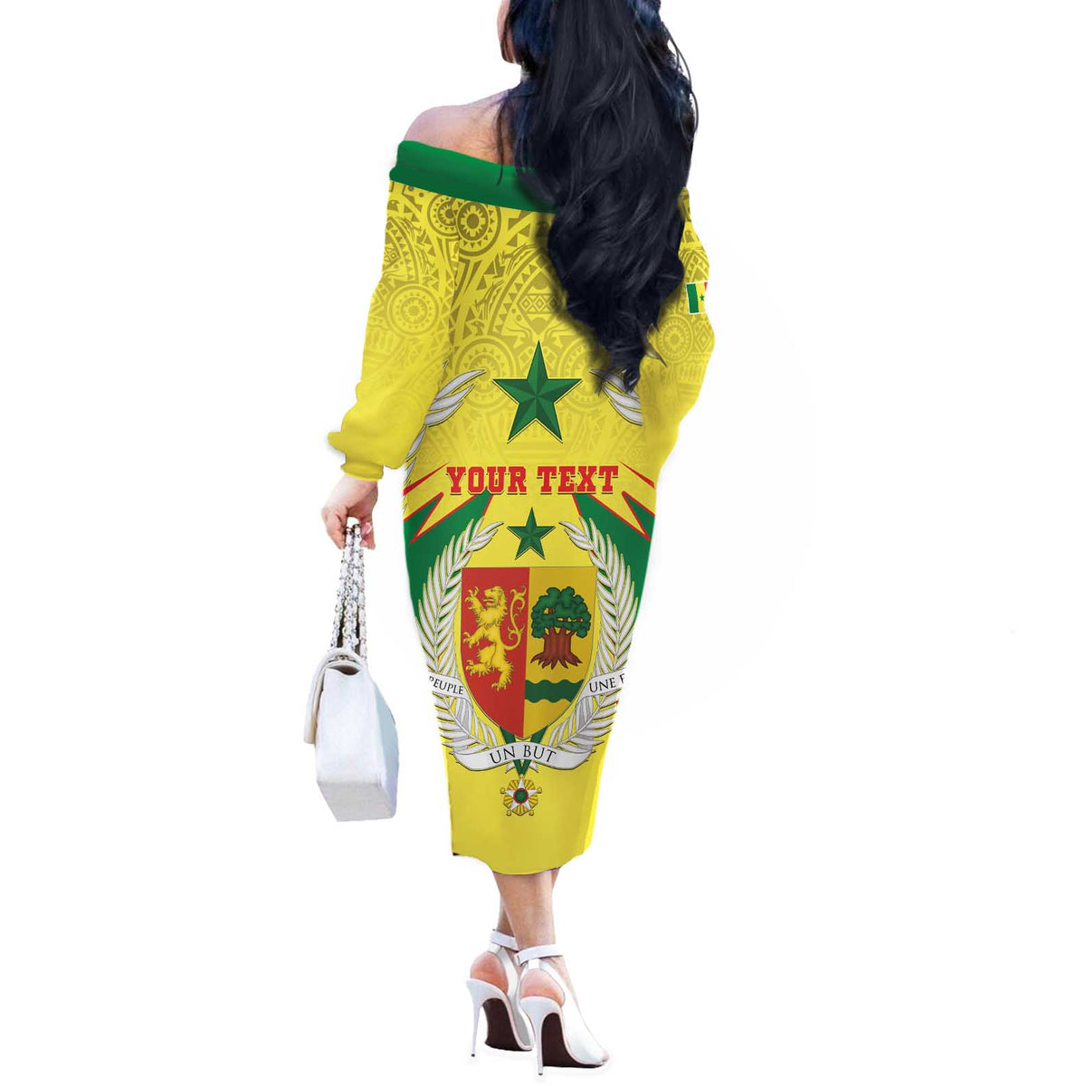 Personalised Senegal Off The Shoulder Long Sleeve Dress Coat Of Arms Mix African Pattern - Wonder Print Shop