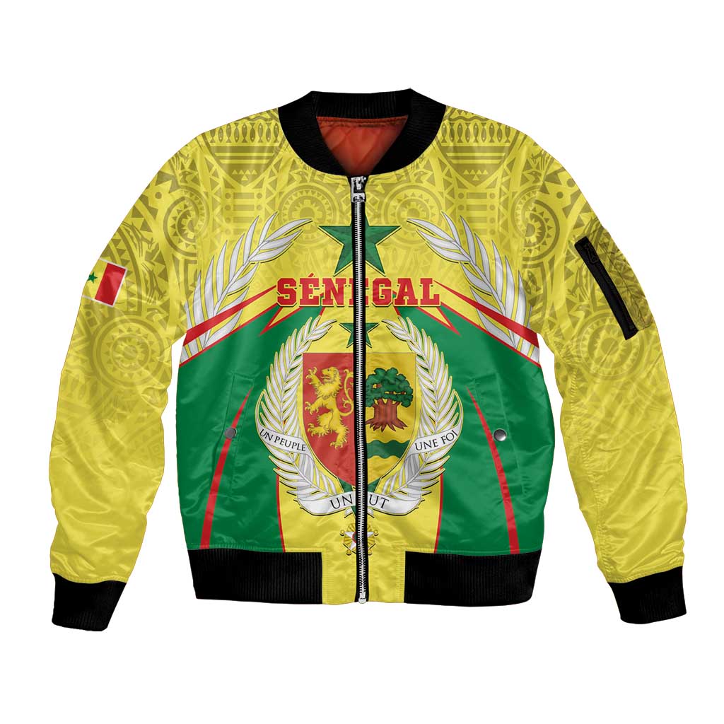 Personalised Senegal Sleeve Zip Bomber Jacket Coat Of Arms Mix African Pattern - Wonder Print Shop