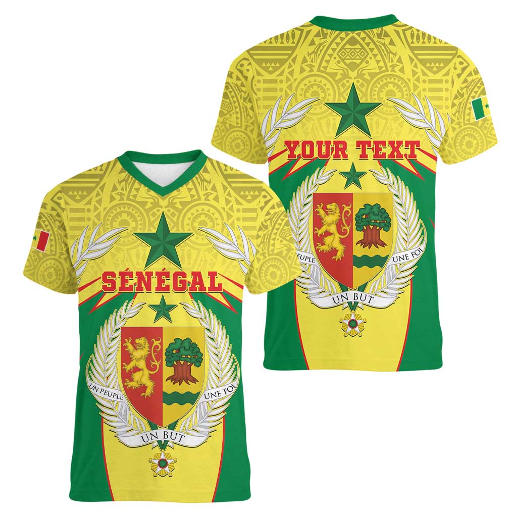 Personalised Senegal Women V-Neck T-Shirt Coat Of Arms Mix African Pattern - Wonder Print Shop