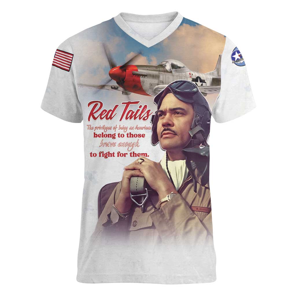 Tuskegee Airmen Red Tails Women V-Neck T-Shirt Brave Enough to Fight - Wonder Print Shop