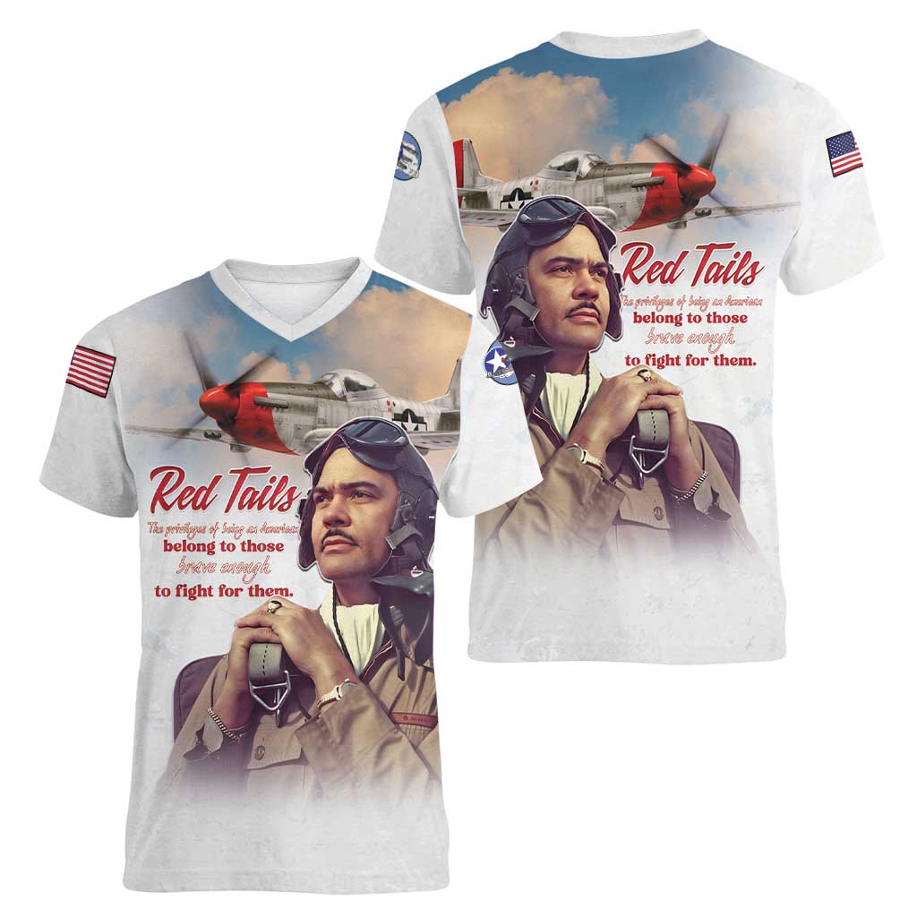 Tuskegee Airmen Red Tails Women V-Neck T-Shirt Brave Enough to Fight - Wonder Print Shop