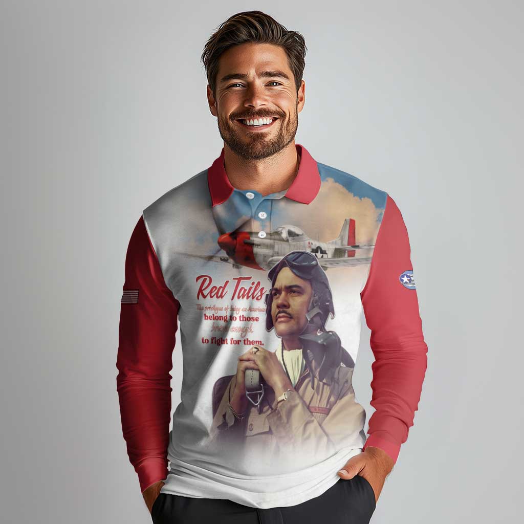 Tuskegee Airmen Red Tails Long Sleeve Polo Shirt Red - Brave Enough to Fight - Wonder Print Shop