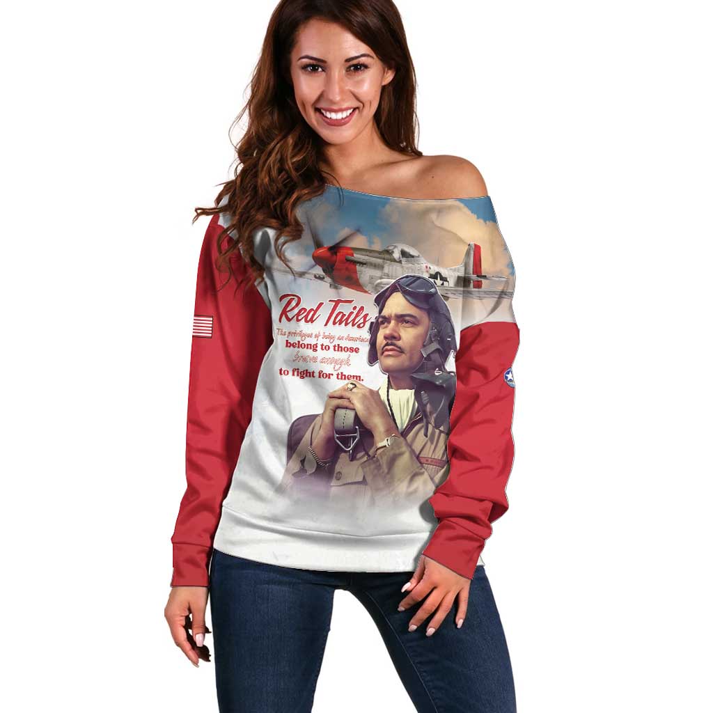 Tuskegee Airmen Red Tails Off Shoulder Sweater Red - Brave Enough to Fight - Wonder Print Shop