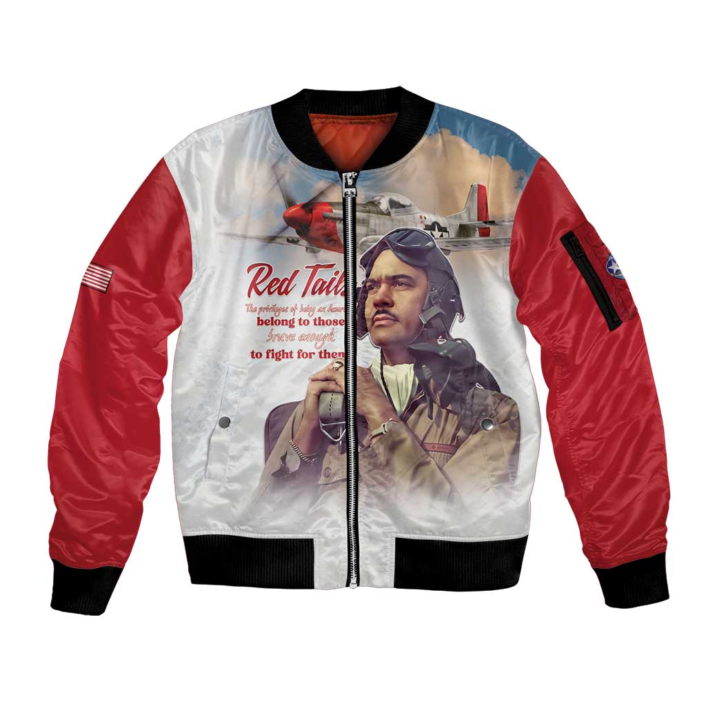 Tuskegee Airmen Red Tails Sleeve Zip Bomber Jacket Red - Brave Enough to Fight - Wonder Print Shop