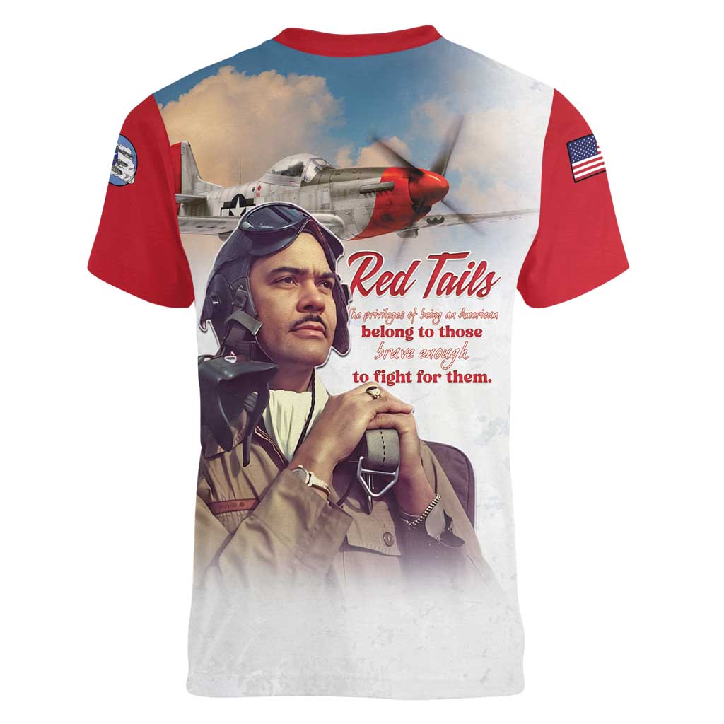 Tuskegee Airmen Red Tails Women V-Neck T-Shirt Red - Brave Enough to Fight - Wonder Print Shop