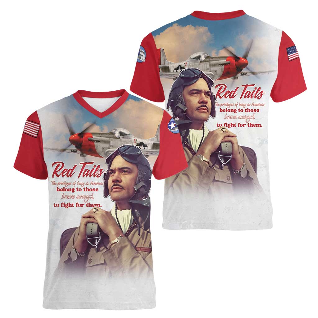 Tuskegee Airmen Red Tails Women V-Neck T-Shirt Red - Brave Enough to Fight - Wonder Print Shop