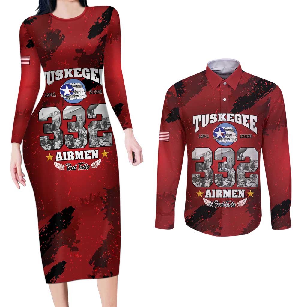 85 Years of Tuskegee Airmen Couples Matching Long Sleeve Bodycon Dress and Long Sleeve Button Shirt 332nd Fighter Group Red Tails - Wonder Print Shop