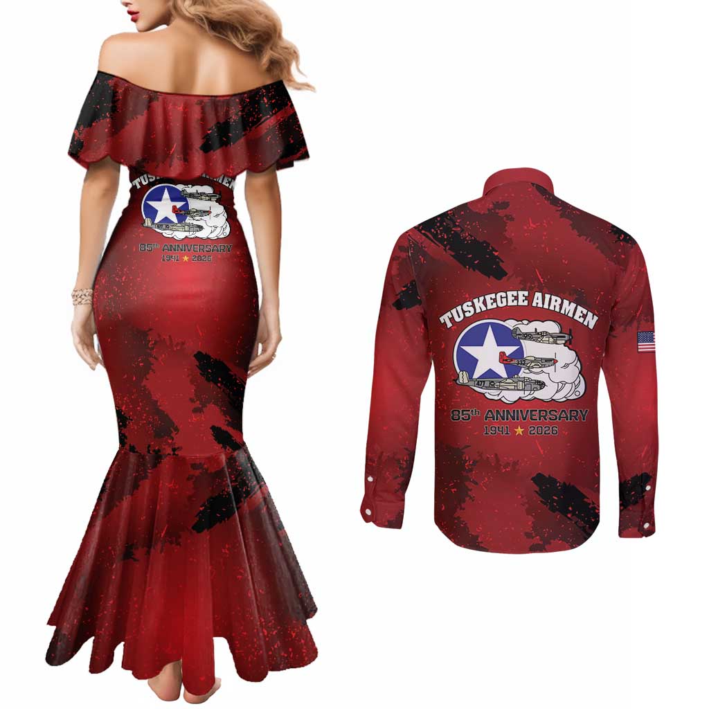 85 Years of Tuskegee Airmen Couples Matching Mermaid Dress and Long Sleeve Button Shirt 332nd Fighter Group Red Tails - Wonder Print Shop
