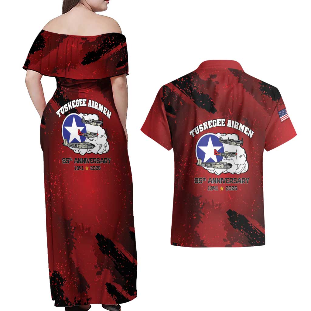 85 Years of Tuskegee Airmen Couples Matching Off Shoulder Maxi Dress and Hawaiian Shirt 332nd Fighter Group Red Tails - Wonder Print Shop