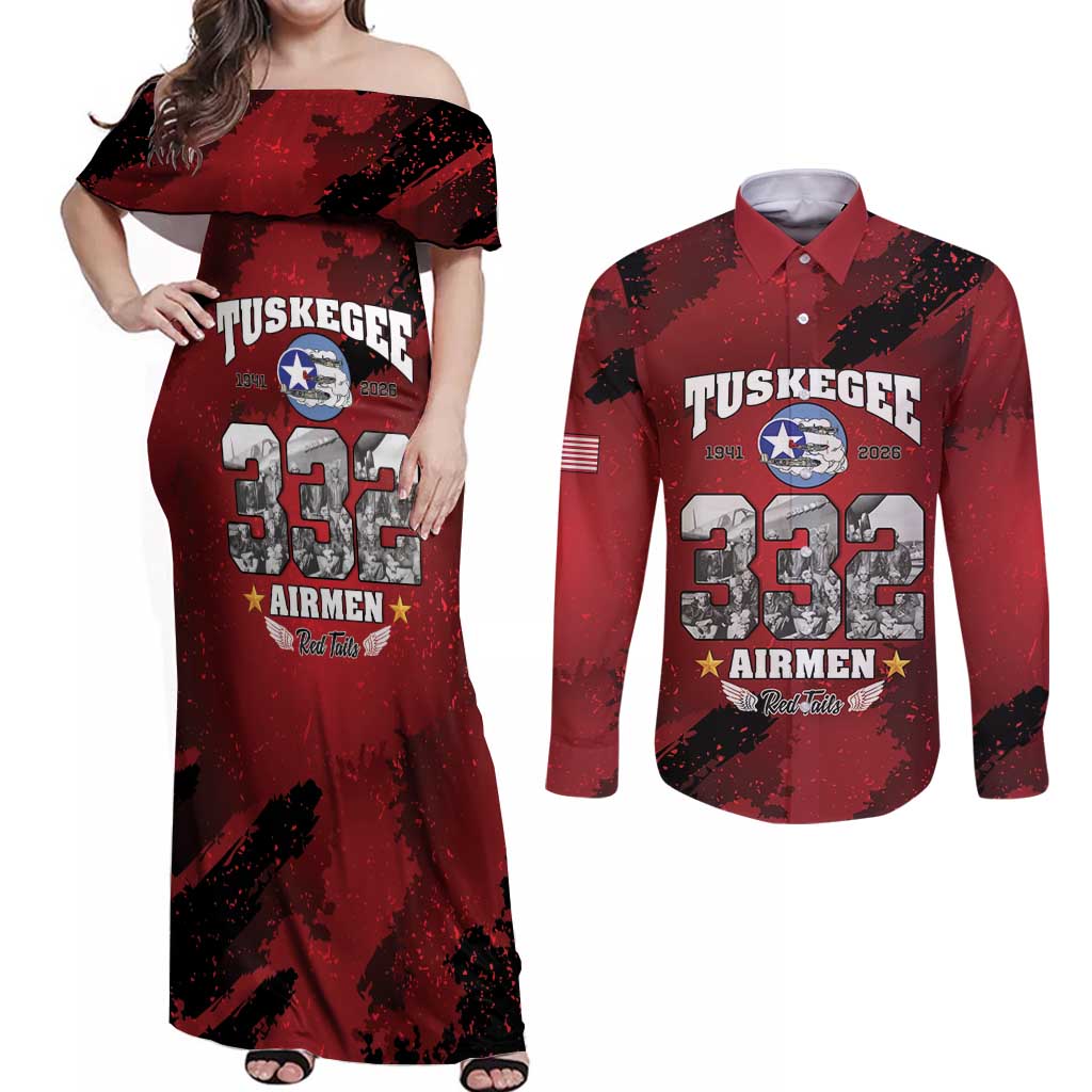 85 Years of Tuskegee Airmen Couples Matching Off Shoulder Maxi Dress and Long Sleeve Button Shirt 332nd Fighter Group Red Tails - Wonder Print Shop