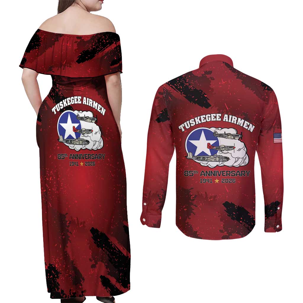 85 Years of Tuskegee Airmen Couples Matching Off Shoulder Maxi Dress and Long Sleeve Button Shirt 332nd Fighter Group Red Tails - Wonder Print Shop