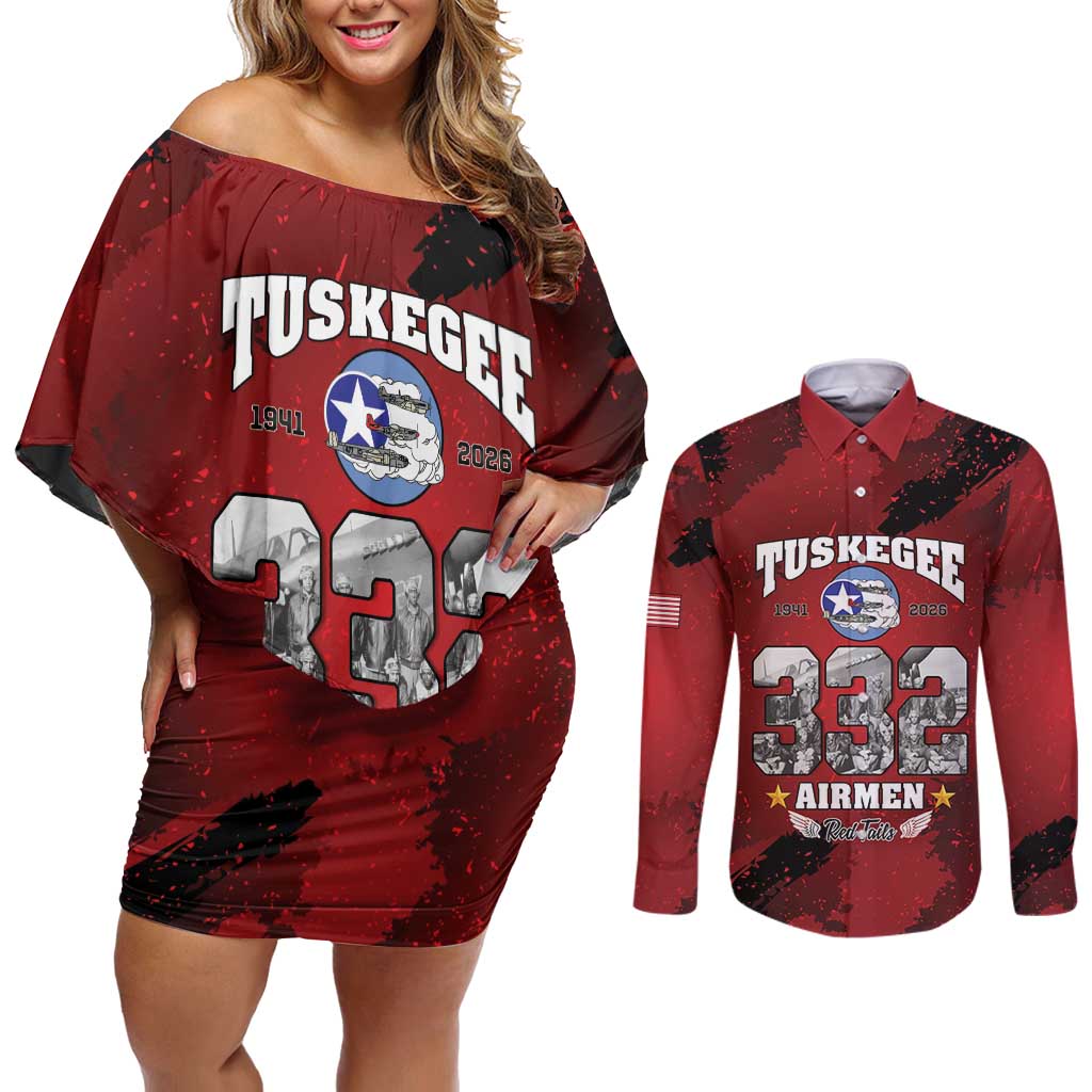 85 Years of Tuskegee Airmen Couples Matching Off Shoulder Short Dress and Long Sleeve Button Shirt 332nd Fighter Group Red Tails - Wonder Print Shop