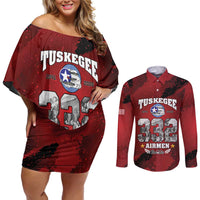 85 Years of Tuskegee Airmen Couples Matching Off Shoulder Short Dress and Long Sleeve Button Shirt 332nd Fighter Group Red Tails - Wonder Print Shop