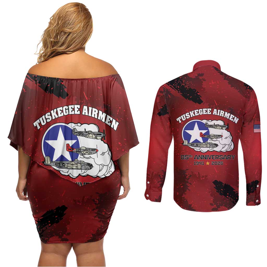 85 Years of Tuskegee Airmen Couples Matching Off Shoulder Short Dress and Long Sleeve Button Shirt 332nd Fighter Group Red Tails - Wonder Print Shop