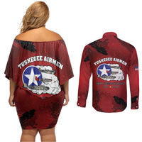85 Years of Tuskegee Airmen Couples Matching Off Shoulder Short Dress and Long Sleeve Button Shirt 332nd Fighter Group Red Tails - Wonder Print Shop