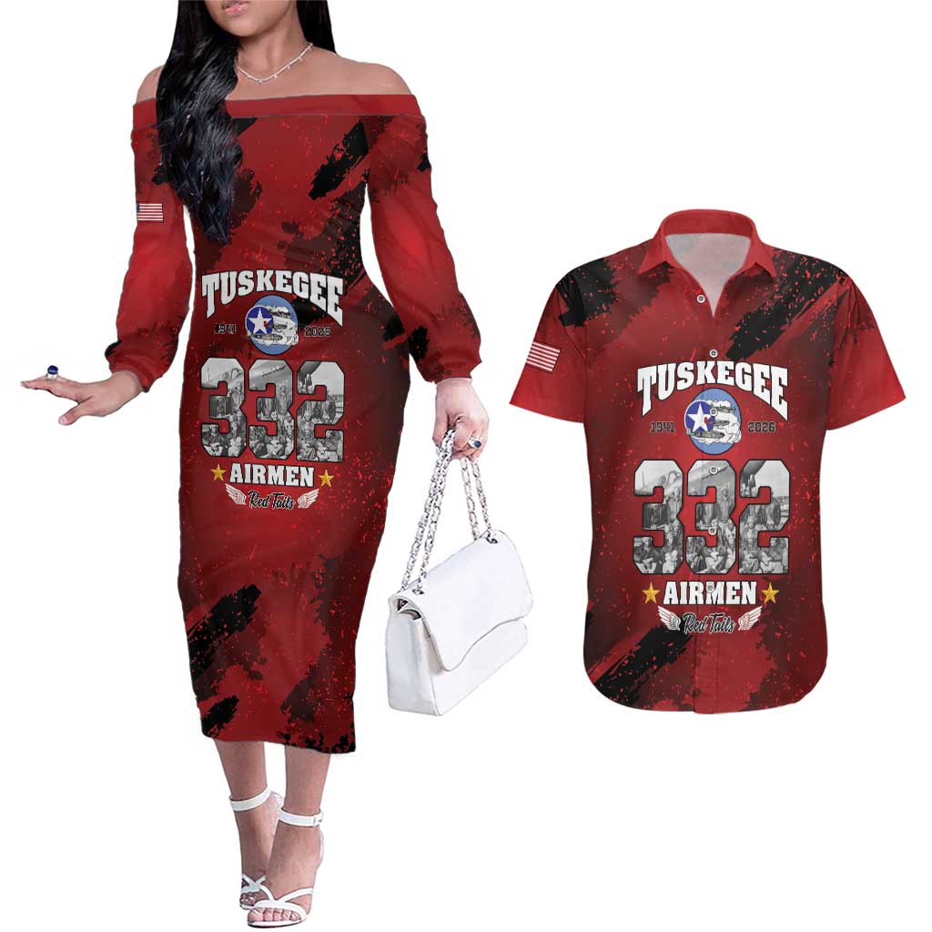 85 Years of Tuskegee Airmen Couples Matching Off The Shoulder Long Sleeve Dress and Hawaiian Shirt 332nd Fighter Group Red Tails - Wonder Print Shop