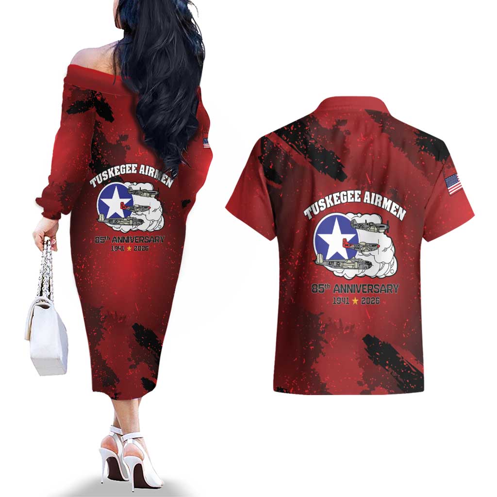 85 Years of Tuskegee Airmen Couples Matching Off The Shoulder Long Sleeve Dress and Hawaiian Shirt 332nd Fighter Group Red Tails - Wonder Print Shop