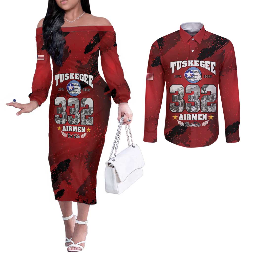 85 Years of Tuskegee Airmen Couples Matching Off The Shoulder Long Sleeve Dress and Long Sleeve Button Shirt 332nd Fighter Group Red Tails - Wonder Print Shop