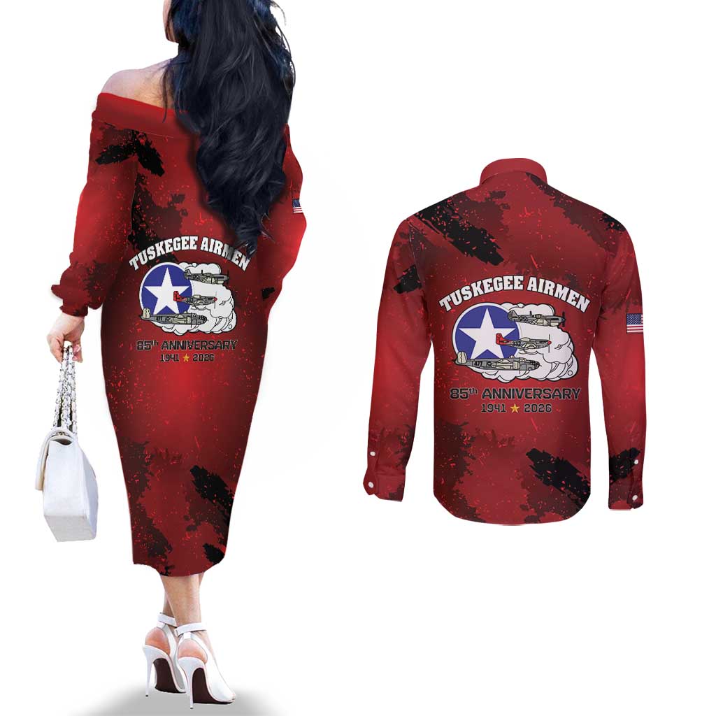 85 Years of Tuskegee Airmen Couples Matching Off The Shoulder Long Sleeve Dress and Long Sleeve Button Shirt 332nd Fighter Group Red Tails - Wonder Print Shop