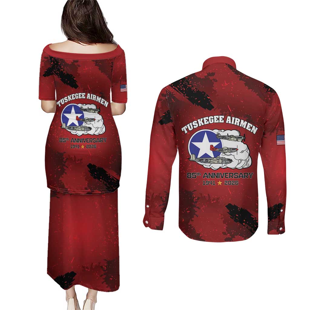 85 Years of Tuskegee Airmen Couples Matching Puletasi and Long Sleeve Button Shirt 332nd Fighter Group Red Tails - Wonder Print Shop