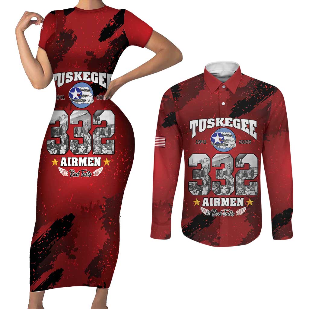 85 Years of Tuskegee Airmen Couples Matching Short Sleeve Bodycon Dress and Long Sleeve Button Shirt 332nd Fighter Group Red Tails - Wonder Print Shop