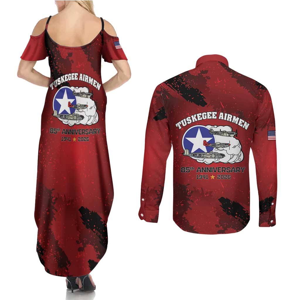85 Years of Tuskegee Airmen Couples Matching Summer Maxi Dress and Long Sleeve Button Shirt 332nd Fighter Group Red Tails - Wonder Print Shop