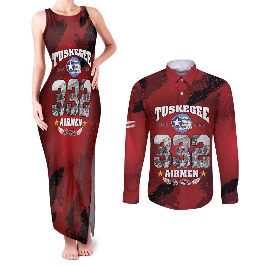 85 Years of Tuskegee Airmen Couples Matching Tank Maxi Dress and Long Sleeve Button Shirt 332nd Fighter Group Red Tails - Wonder Print Shop