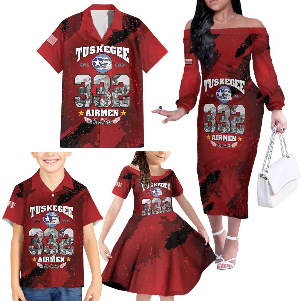 85 Years of Tuskegee Airmen Family Matching Off The Shoulder Long Sleeve Dress and Hawaiian Shirt 332nd Fighter Group Red Tails - Wonder Print Shop