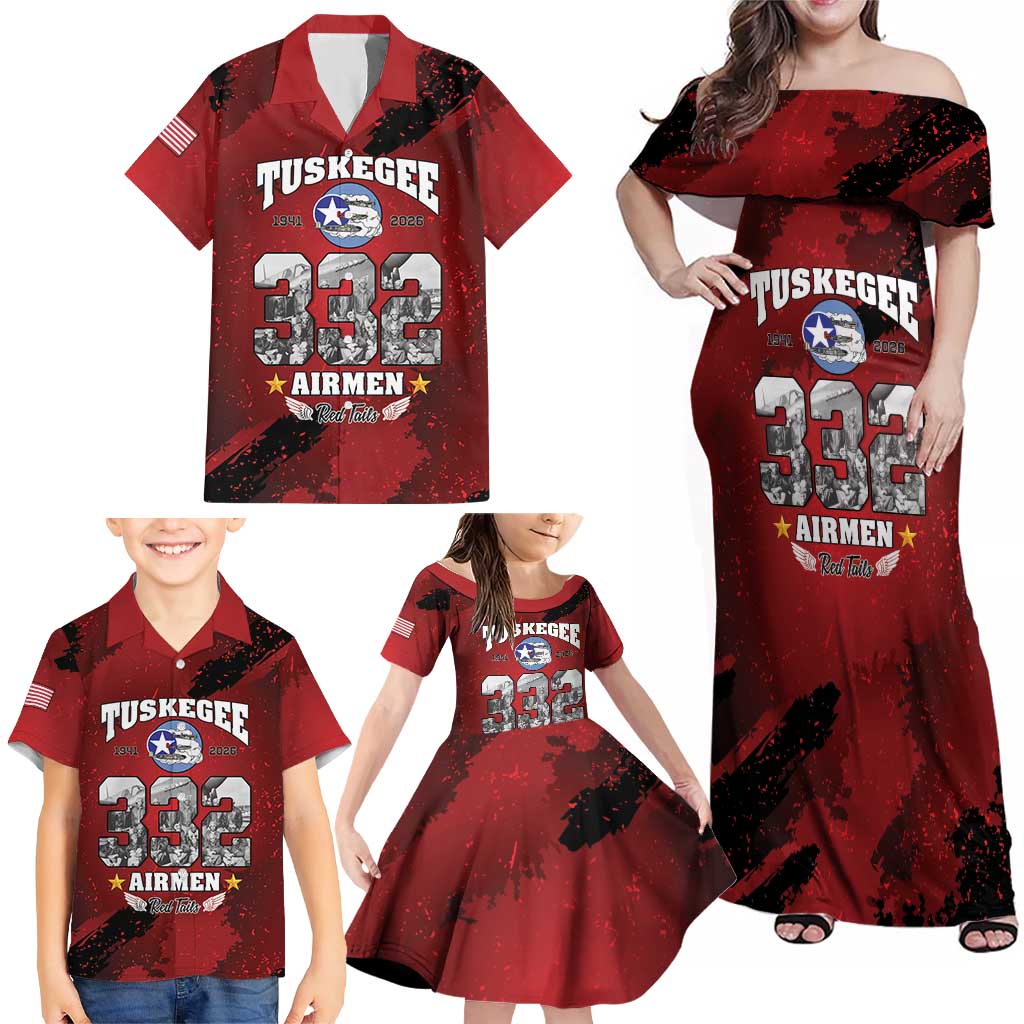 85 Years of Tuskegee Airmen Family Matching Off Shoulder Maxi Dress and Hawaiian Shirt 332nd Fighter Group Red Tails - Wonder Print Shop