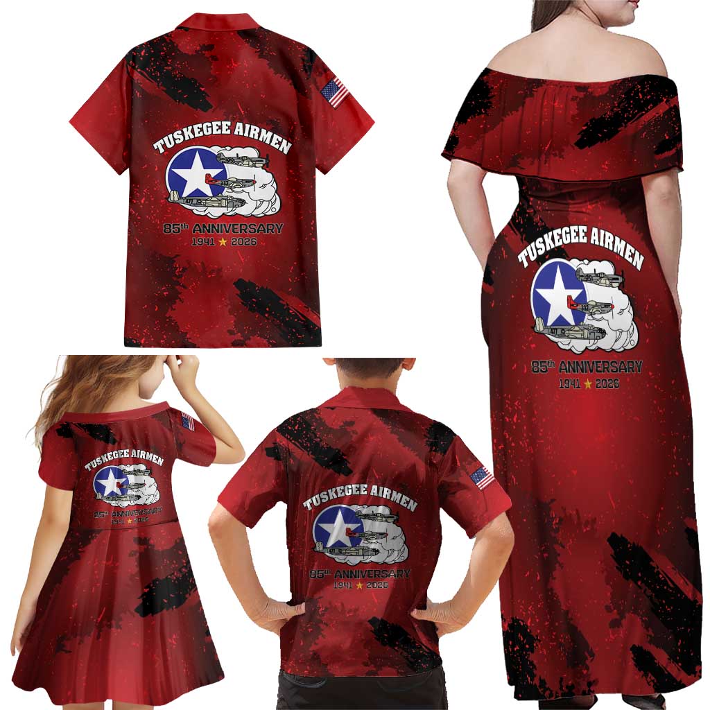 85 Years of Tuskegee Airmen Family Matching Off Shoulder Maxi Dress and Hawaiian Shirt 332nd Fighter Group Red Tails - Wonder Print Shop