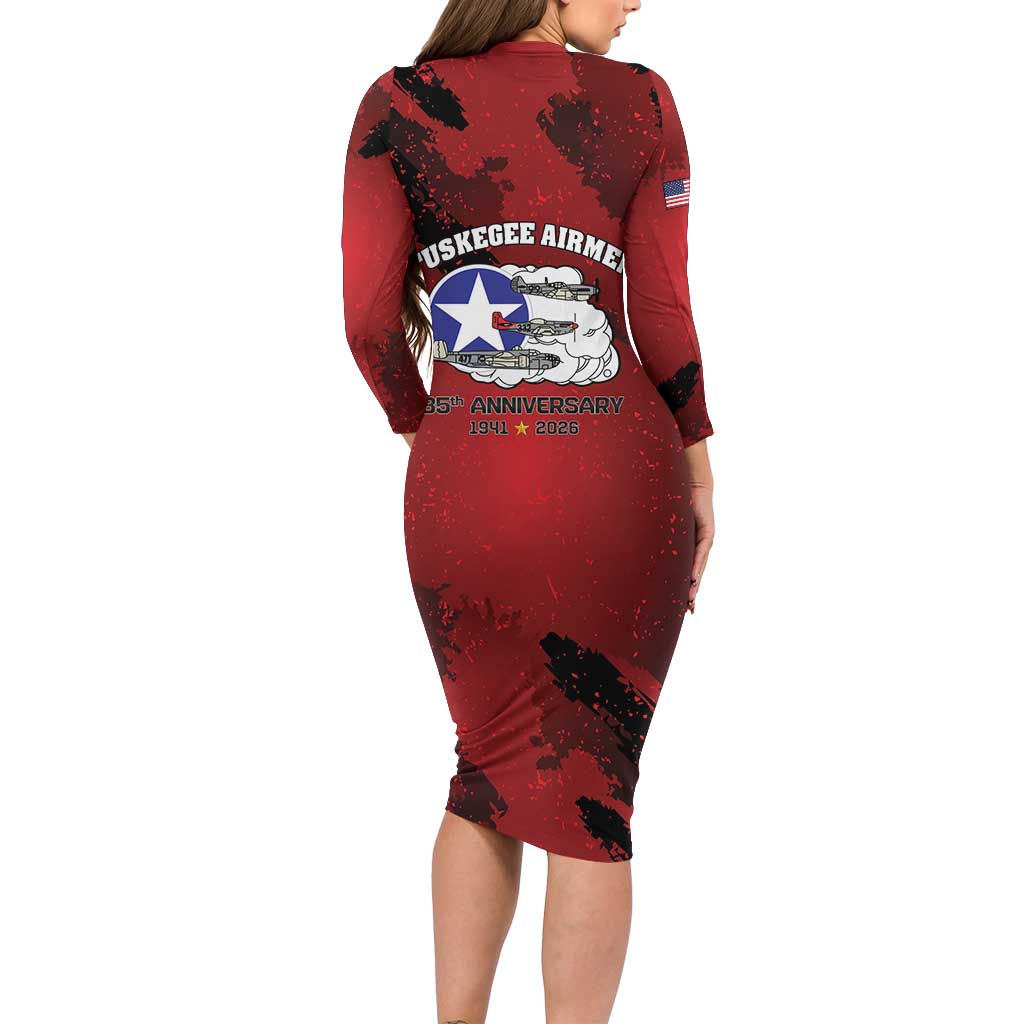 85 Years of Tuskegee Airmen Long Sleeve Bodycon Dress 332nd Fighter Group Red Tails - Wonder Print Shop