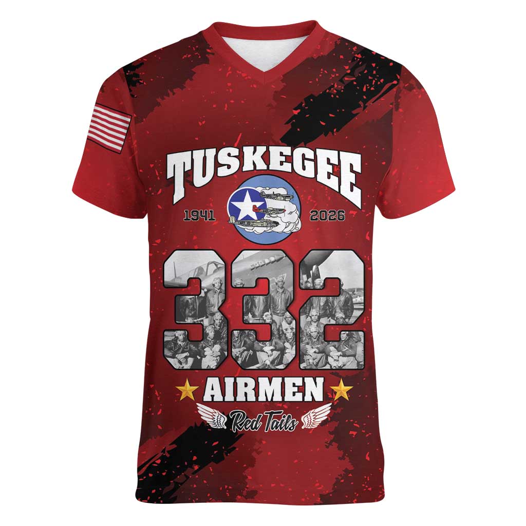85 Years of Tuskegee Airmen Women V-Neck T-Shirt 332nd Fighter Group Red Tails - Wonder Print Shop