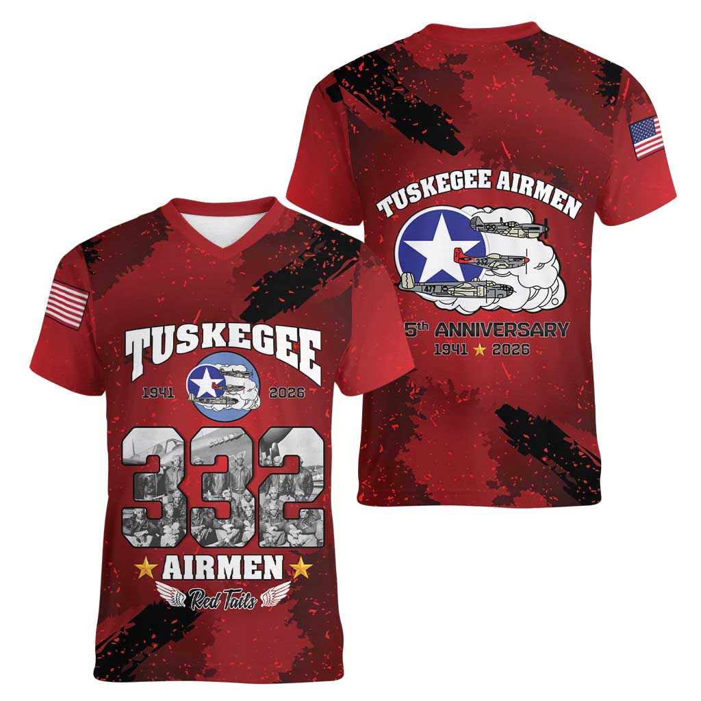 85 Years of Tuskegee Airmen Women V-Neck T-Shirt 332nd Fighter Group Red Tails - Wonder Print Shop