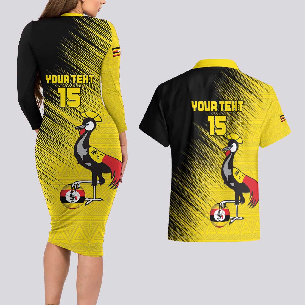 Custom Uganda Football Couples Matching Long Sleeve Bodycon Dress and Hawaiian Shirt Black Crowned Crane Mix Grunge Style - Yellow Color