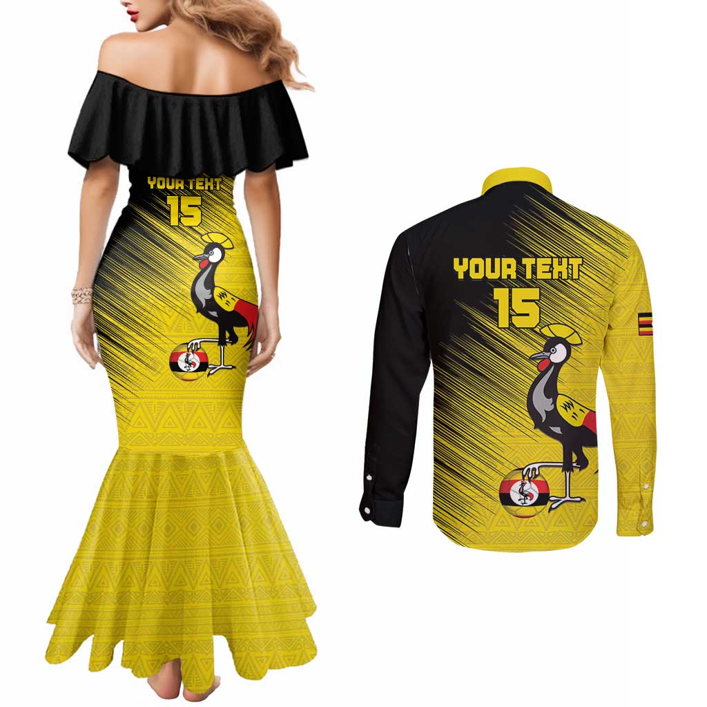 Custom Uganda Football Couples Matching Mermaid Dress and Long Sleeve Button Shirt Black Crowned Crane Mix Grunge Style - Yellow Color