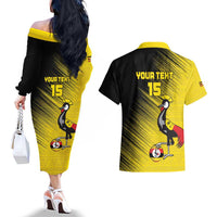 Custom Uganda Football Couples Matching Off The Shoulder Long Sleeve Dress and Hawaiian Shirt Black Crowned Crane Mix Grunge Style - Yellow Color