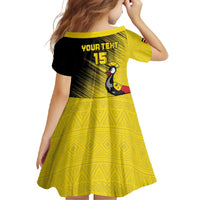 Custom Uganda Football Family Matching Long Sleeve Bodycon Dress and Hawaiian Shirt Black Crowned Crane Mix Grunge Style - Yellow Color