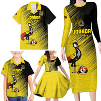 Custom Uganda Football Family Matching Long Sleeve Bodycon Dress and Hawaiian Shirt Black Crowned Crane Mix Grunge Style - Yellow Color