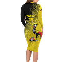 Custom Uganda Football Family Matching Long Sleeve Bodycon Dress and Hawaiian Shirt Black Crowned Crane Mix Grunge Style - Yellow Color