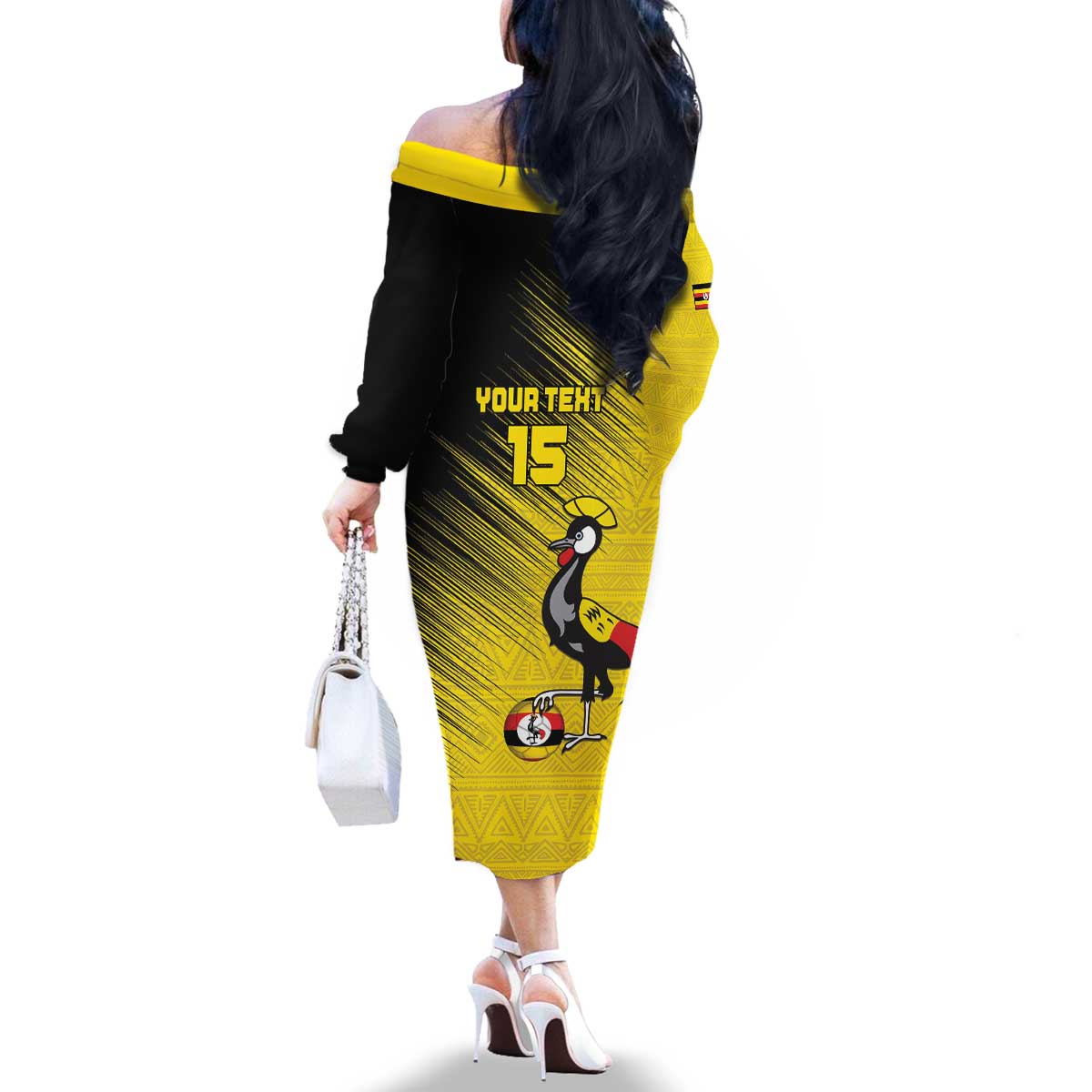 Custom Uganda Football Family Matching Off The Shoulder Long Sleeve Dress and Hawaiian Shirt Black Crowned Crane Mix Grunge Style - Yellow Color