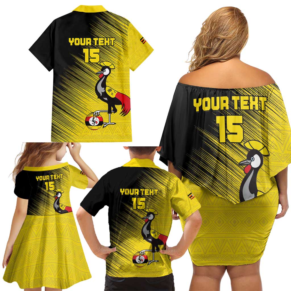 Custom Uganda Football Family Matching Off Shoulder Short Dress and Hawaiian Shirt Black Crowned Crane Mix Grunge Style - Yellow Color