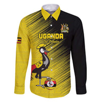 Custom Uganda Football Family Matching Puletasi and Hawaiian Shirt Black Crowned Crane Mix Grunge Style - Yellow Color