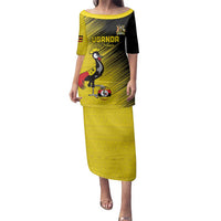 Custom Uganda Football Family Matching Puletasi and Hawaiian Shirt Black Crowned Crane Mix Grunge Style - Yellow Color