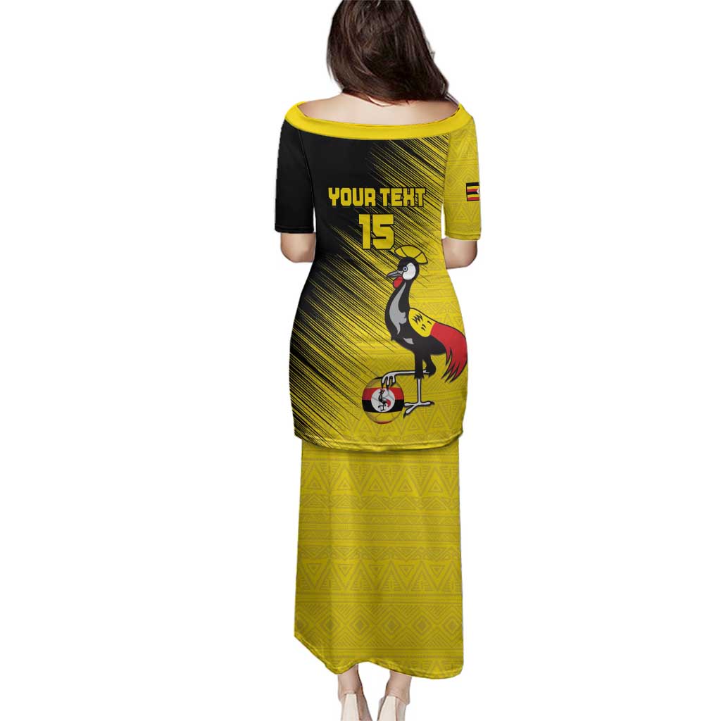 Custom Uganda Football Family Matching Puletasi and Hawaiian Shirt Black Crowned Crane Mix Grunge Style - Yellow Color