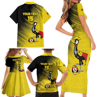 Custom Uganda Football Family Matching Short Sleeve Bodycon Dress and Hawaiian Shirt Black Crowned Crane Mix Grunge Style - Yellow Color
