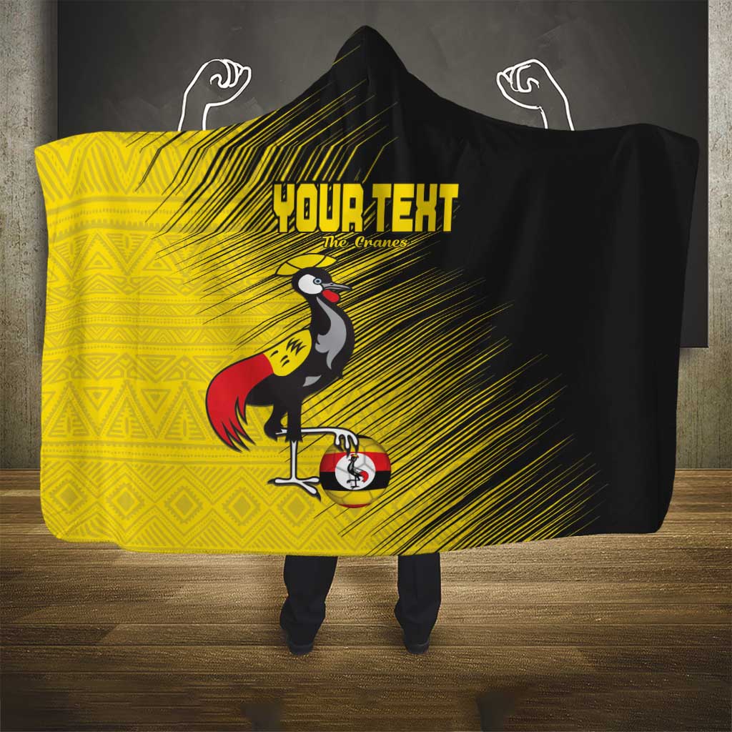 Custom Uganda Football Hooded Blanket Black Crowned Crane Mix Grunge Style - Yellow Color