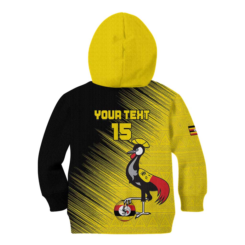Custom Uganda Football Kid Hoodie Black Crowned Crane Mix Grunge Style - Yellow Color