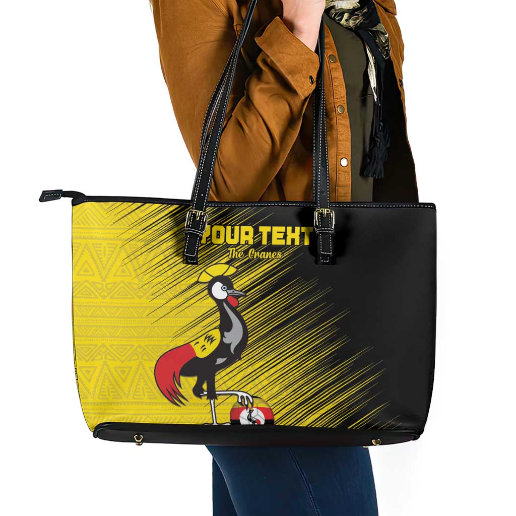 Custom Uganda Football Leather Tote Bag Black Crowned Crane Mix Grunge Style - Yellow Color