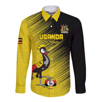 Custom Uganda Football Long Sleeve Button Shirt Black Crowned Crane Mix Grunge Style - Yellow Color